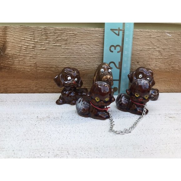 5 Vtg Japan Brown Dogs On Chain Ceramic Figurine Set Redware Pottery MCM 60s - Picture 6 of 6